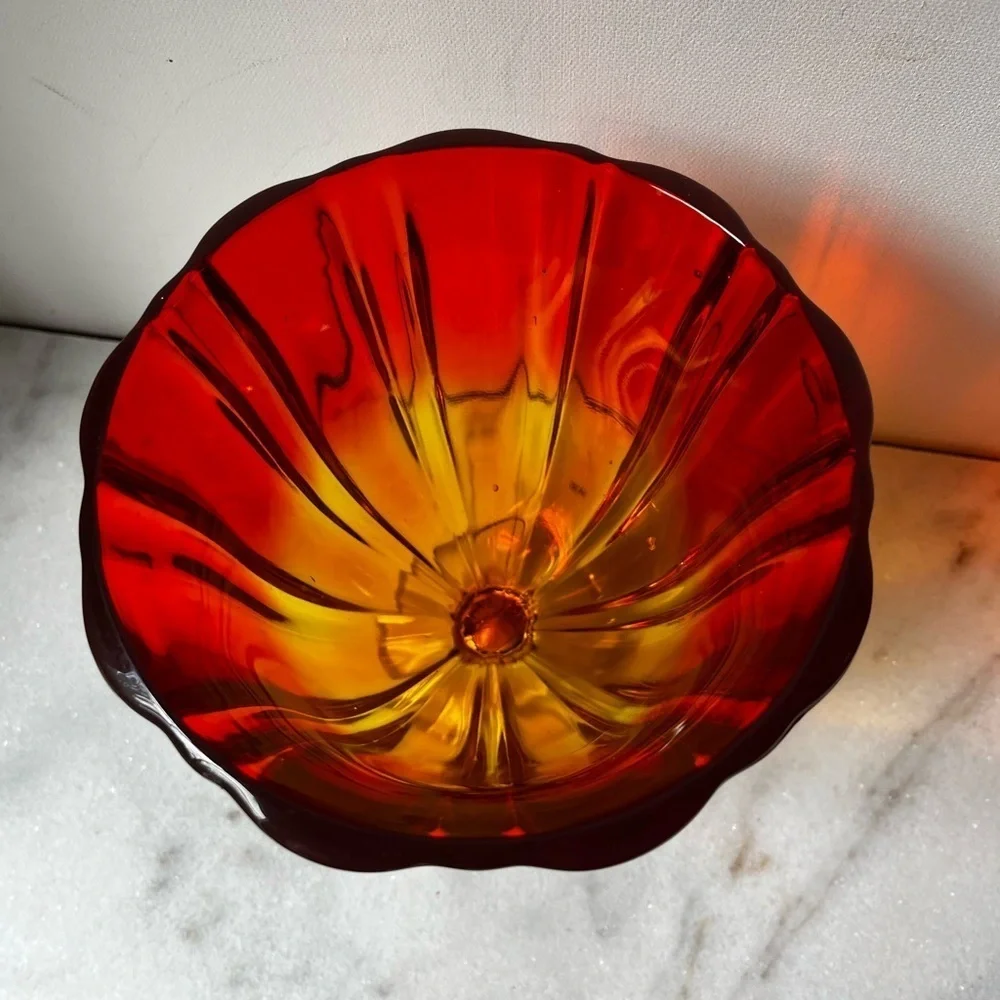 L.E. Smith Simplicity Candy Dish Orange Amberina 10.5” LARGE Size Cadmium GLOW